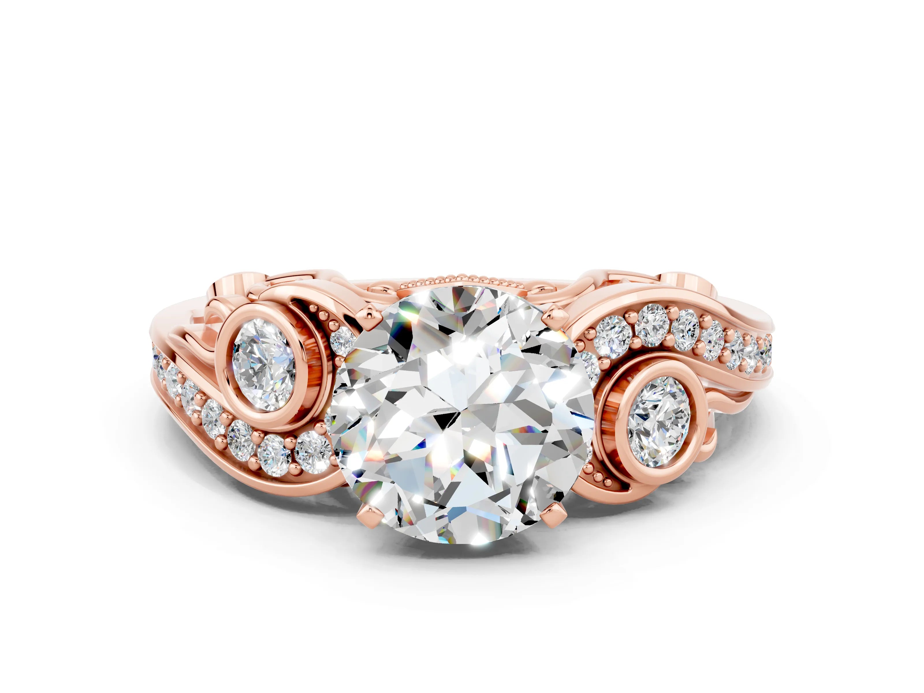 Rose gold Round Cut Moissanite Solitaire Ring with Milgrain Pavé Band and Four-Prong Setting_24