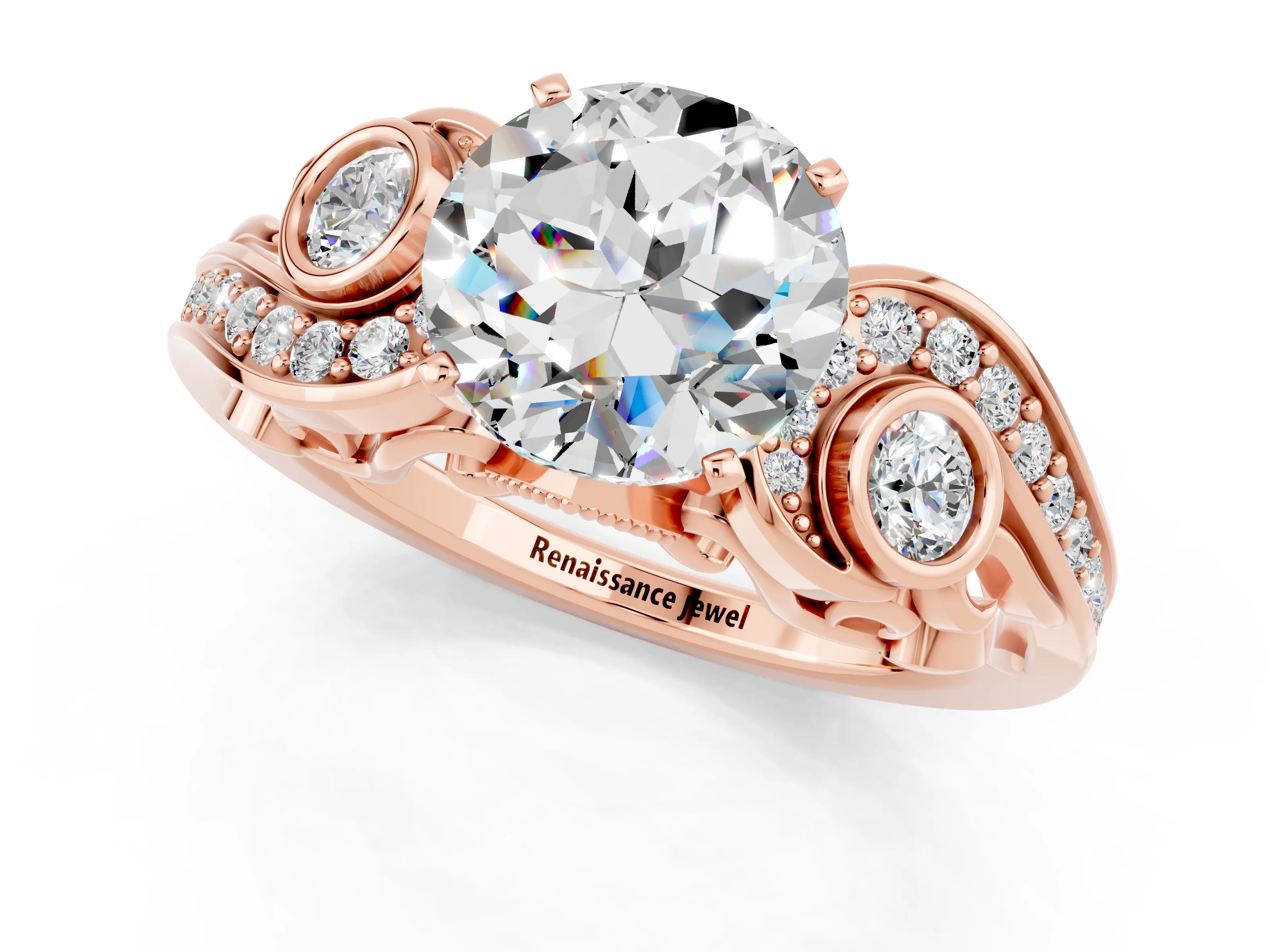 Rose gold Round Cut Moissanite Solitaire Ring with Milgrain Pavé Band and Four-Prong Setting_25