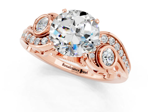 Rose gold Round Cut Moissanite Solitaire Ring with Milgrain Pavé Band and Four-Prong Setting_25