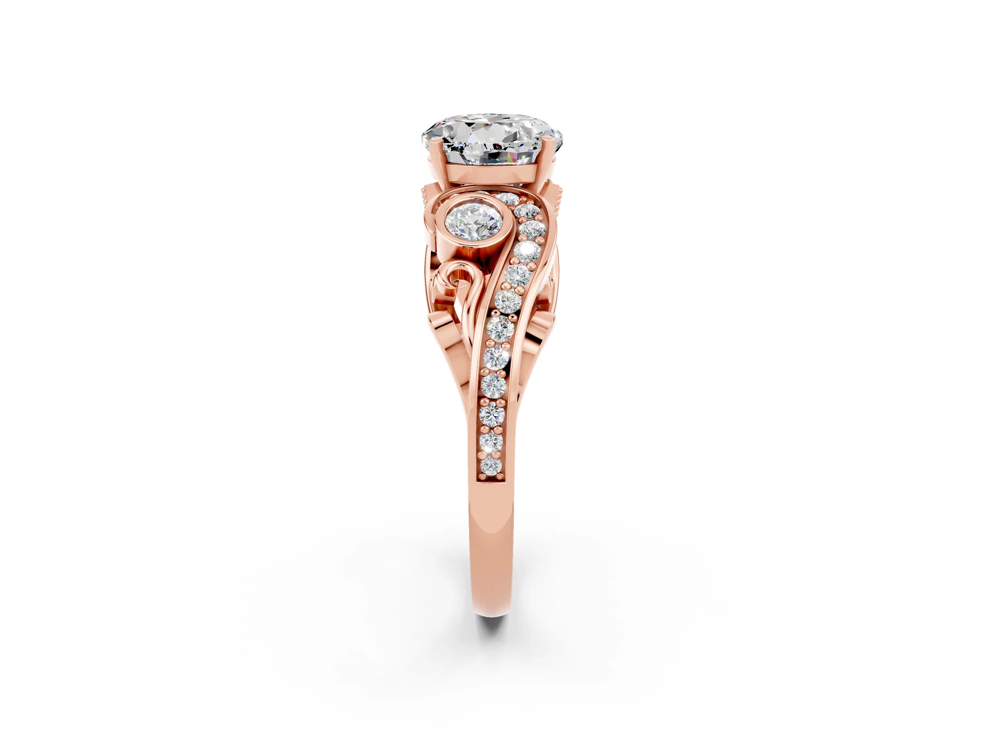 Rose gold Round Cut Moissanite Solitaire Ring with Milgrain Pavé Band and Four-Prong Setting_26