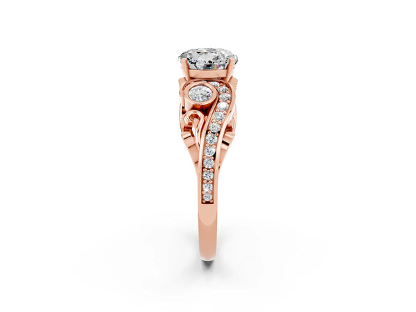 Rose gold Round Cut Moissanite Solitaire Ring with Milgrain Pavé Band and Four-Prong Setting