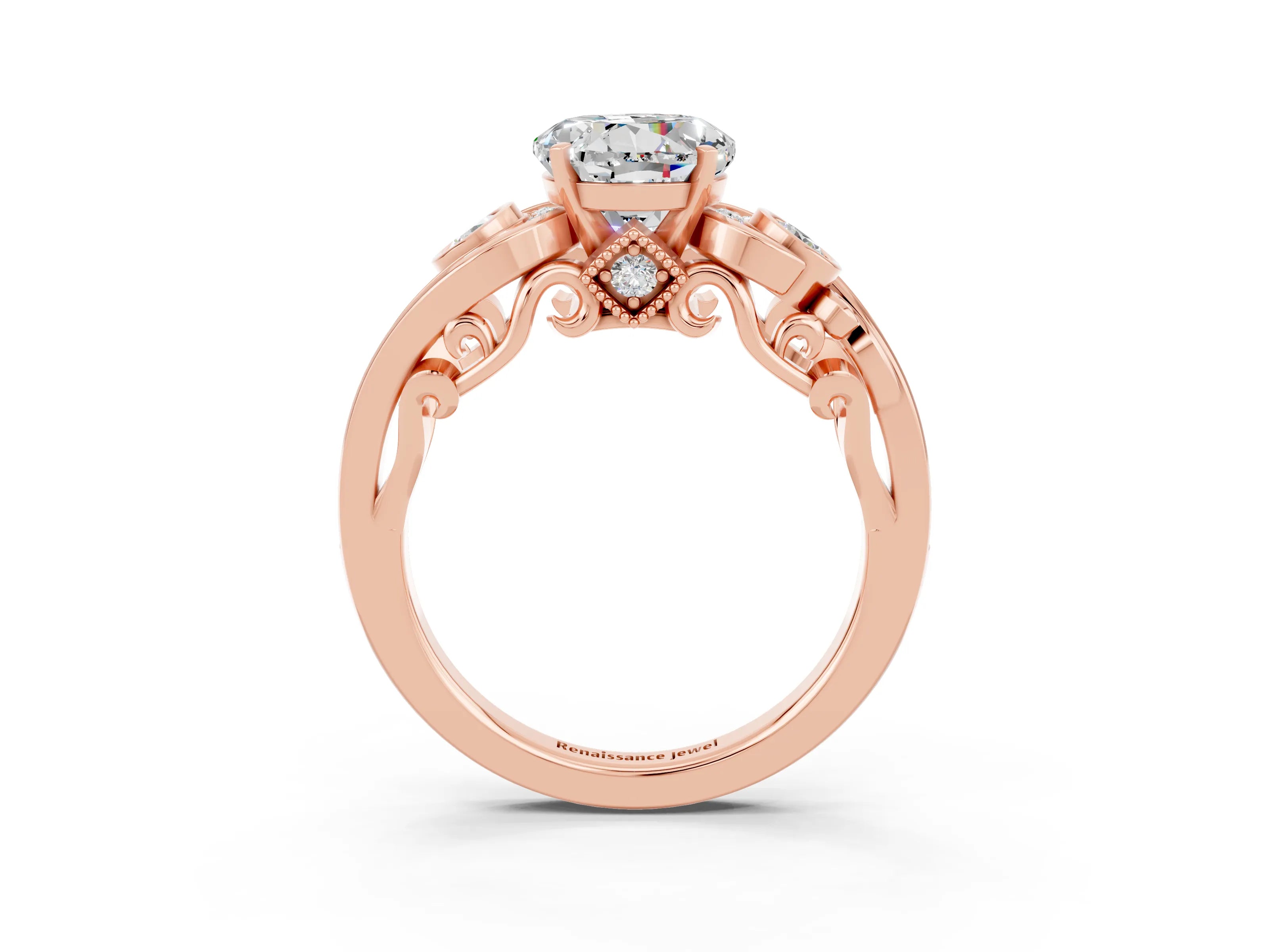 Rose gold Round Cut Moissanite Solitaire Ring with Milgrain Pavé Band and Four-Prong Setting_27