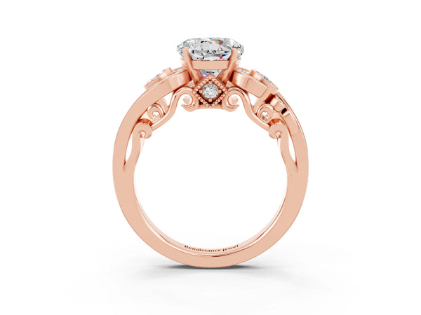 Rose gold Round Cut Moissanite Solitaire Ring with Milgrain Pavé Band and Four-Prong Setting