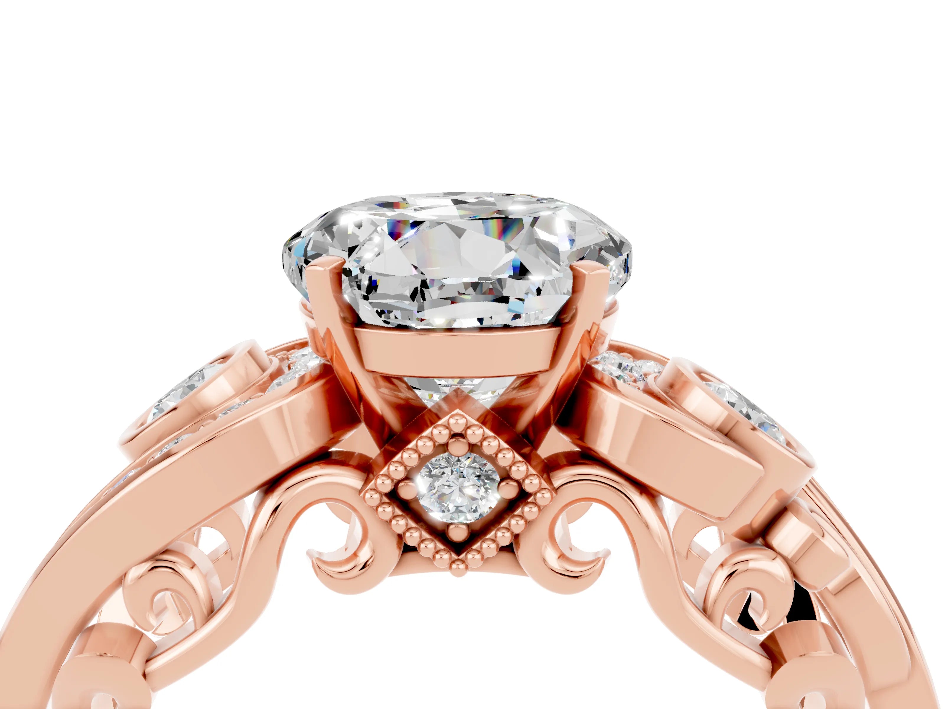 Rose gold Round Cut Moissanite Solitaire Ring with Milgrain Pavé Band and Four-Prong Setting_28