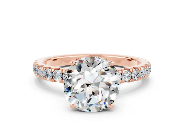 Rose gold Round Cut Moissanite Solitaire Ring with Pavé Accents and Four-Prong Setting