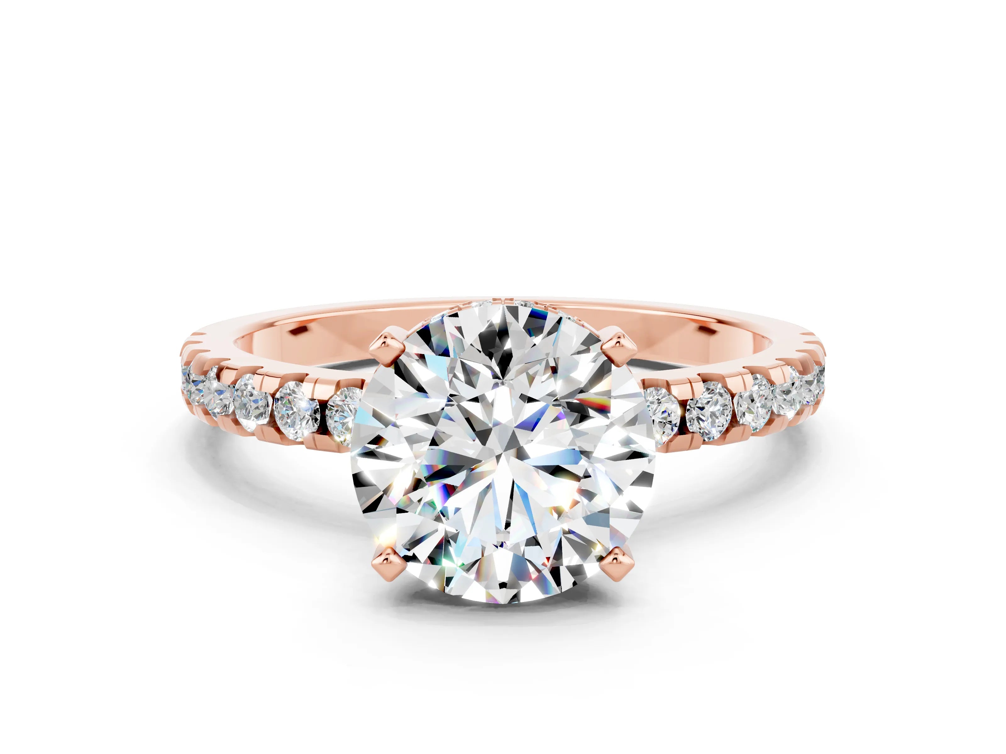 Rose gold Round Cut Moissanite Solitaire Ring with Pavé Band and Four-Prong Setting_12