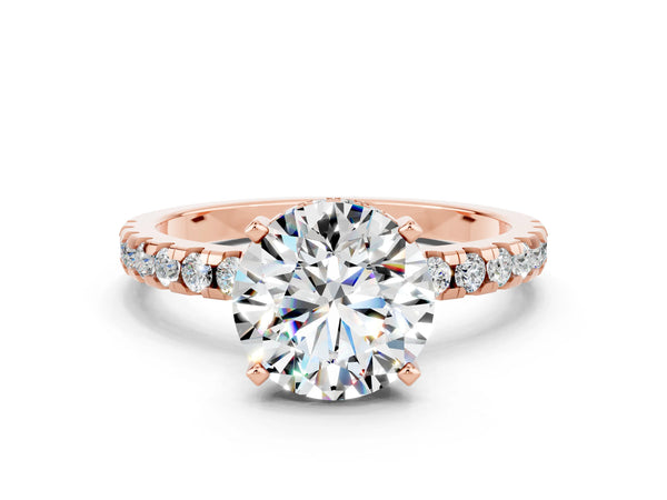 Rose gold Round Cut Moissanite Solitaire Ring with Round  Pavé Band and Four-Prong Setting