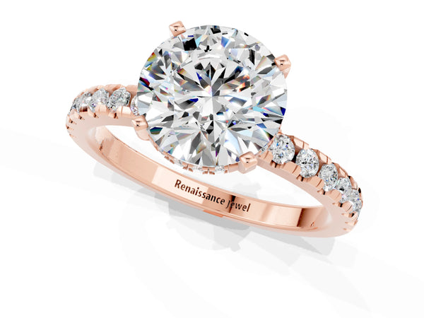 Rose gold Round Cut Moissanite Solitaire Ring with Round  Pavé Band and Four-Prong Setting