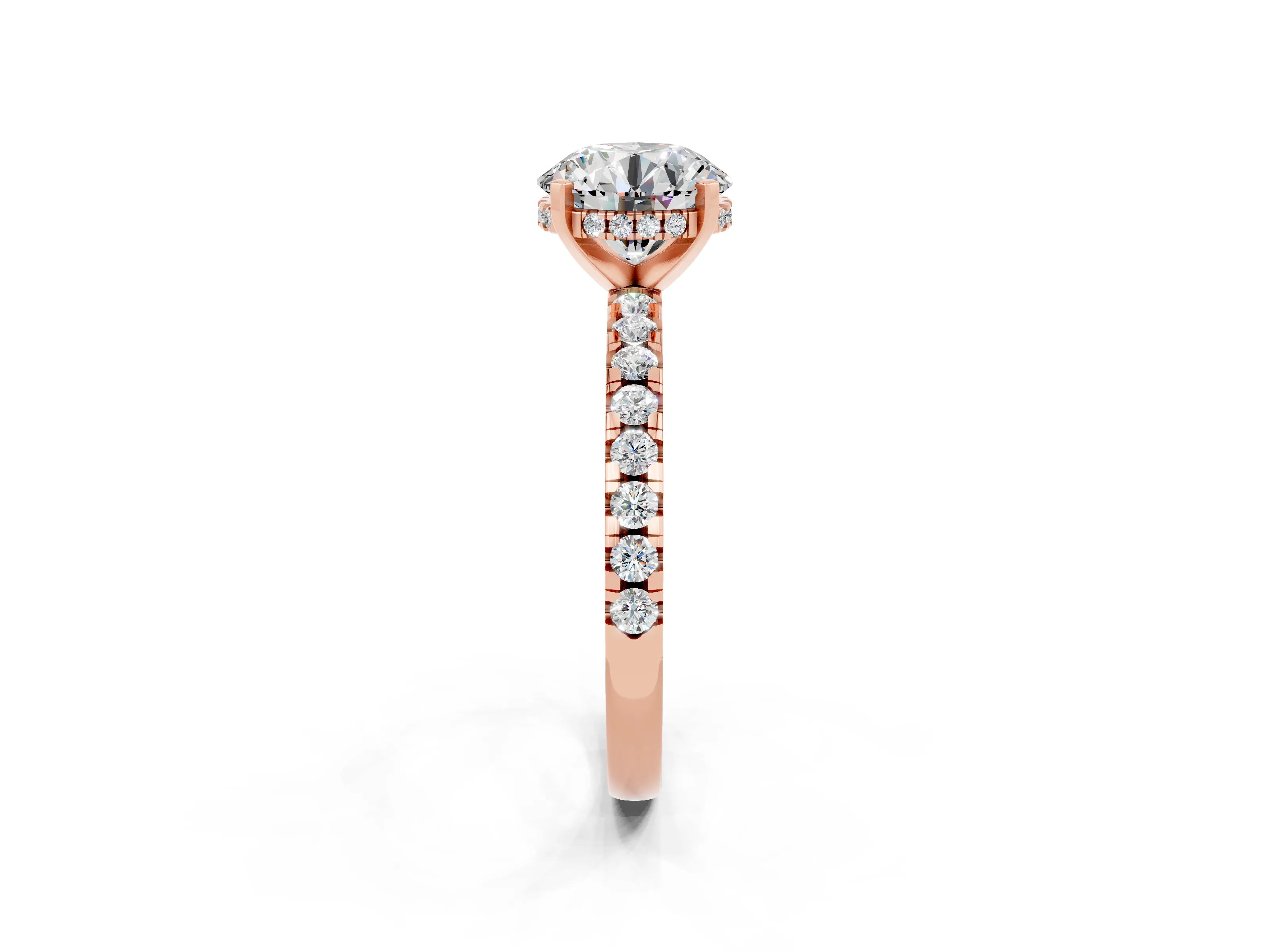 Rose gold Round Cut Moissanite Solitaire Ring with Pavé Band and Four-Prong Setting_14