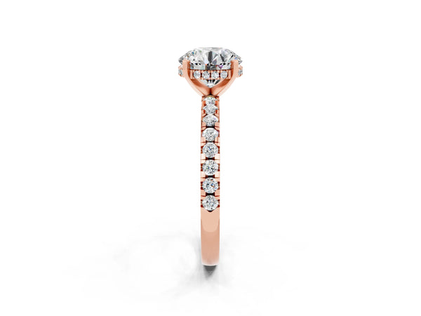 Rose gold Round Cut Moissanite Solitaire Ring with Round  Pavé Band and Four-Prong Setting