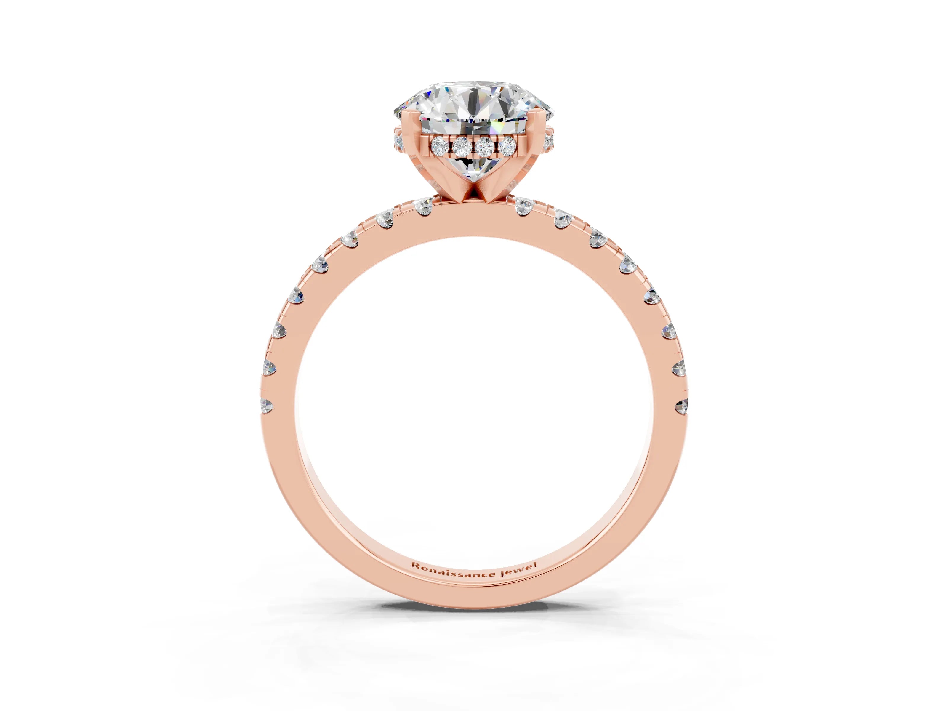 Rose gold Round Cut Moissanite Solitaire Ring with Pavé Band and Four-Prong Setting_15