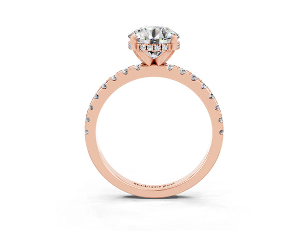 Rose gold Round Cut Moissanite Solitaire Ring with Round  Pavé Band and Four-Prong Setting