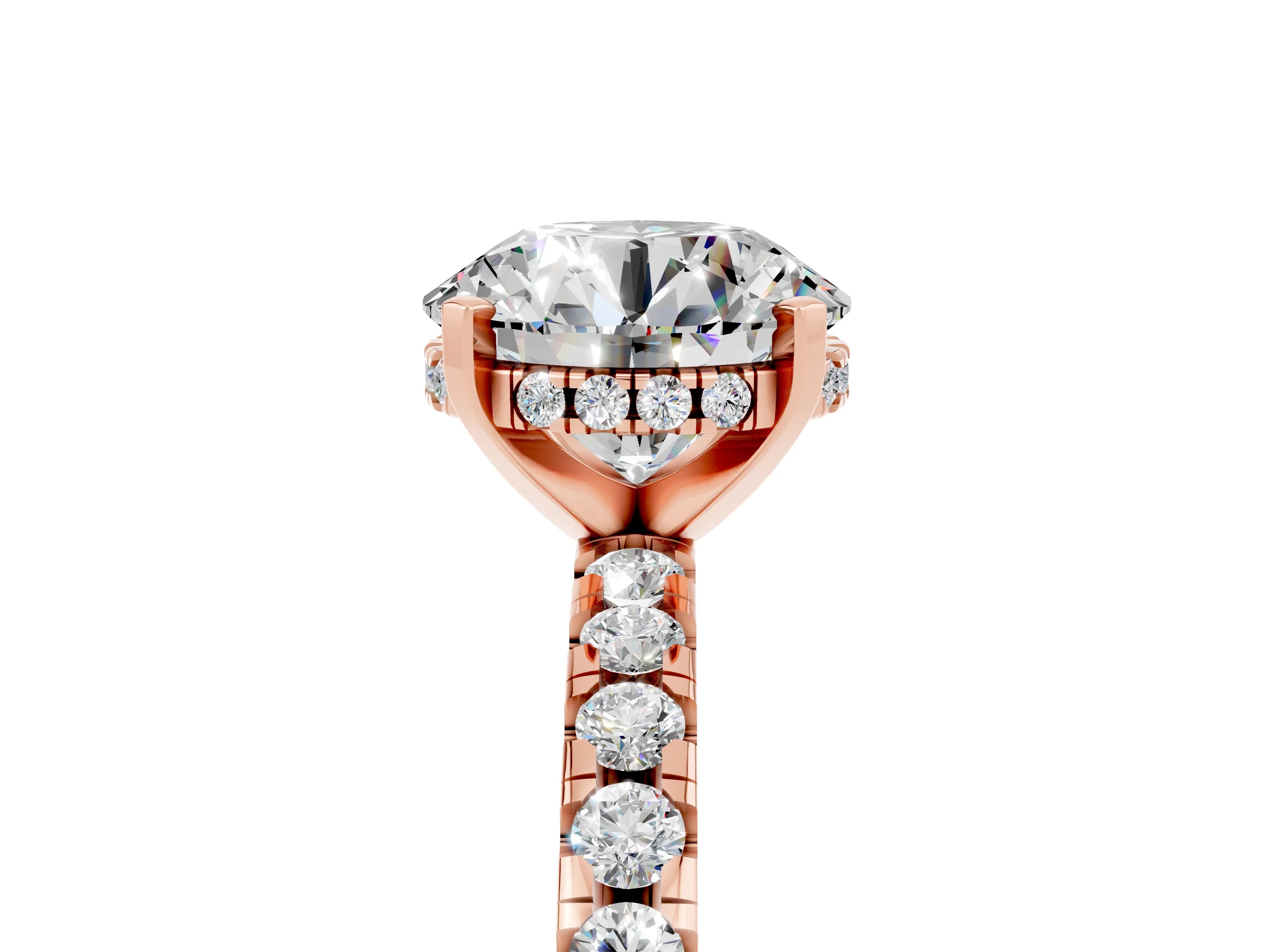 Rose gold Round Cut Moissanite Solitaire Ring with Pavé Band and Four-Prong Setting_17