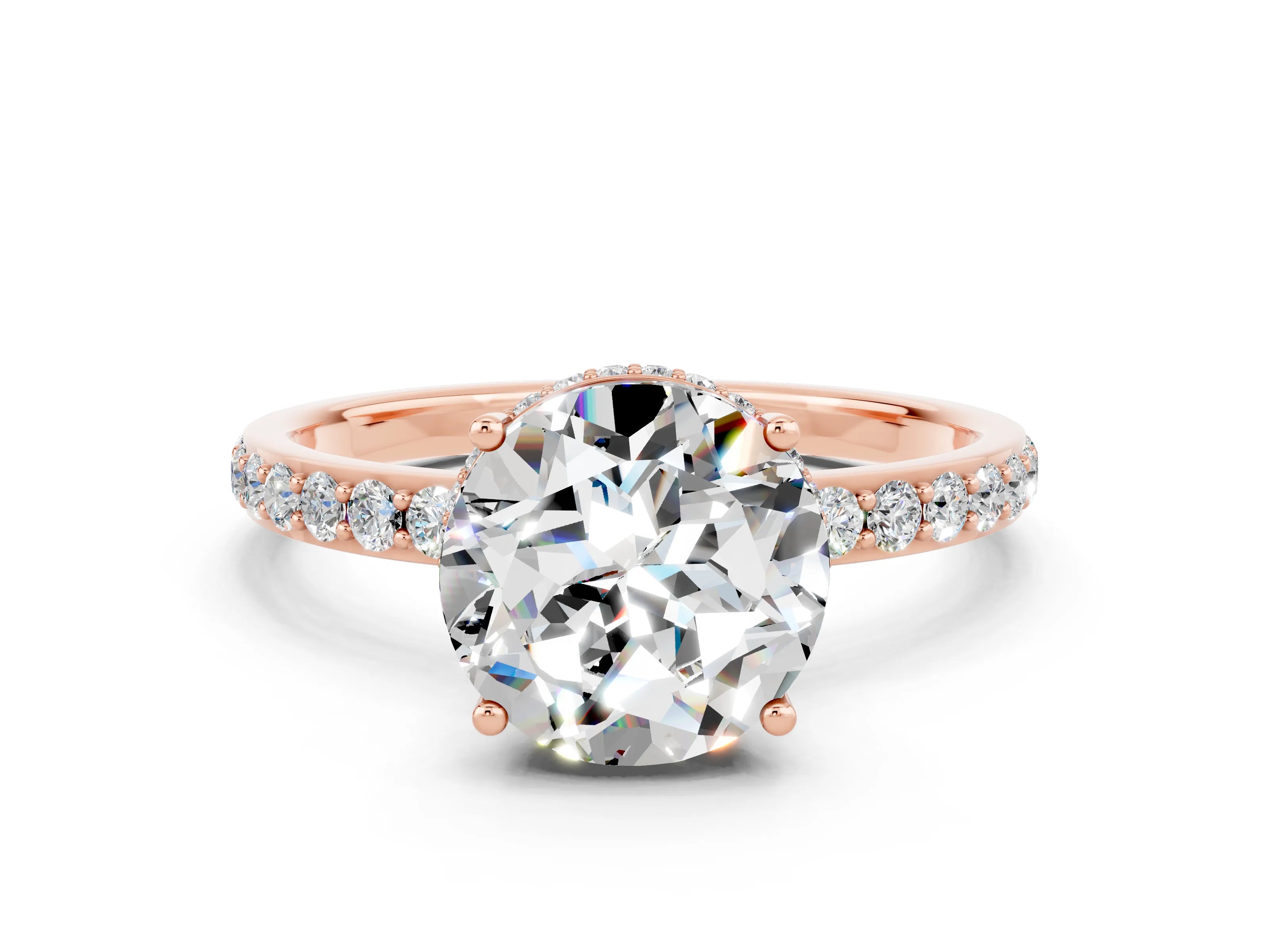 Rose gold Round Cut Moissanite Solitaire Ring with Pavé Band and Hidden Halo_12