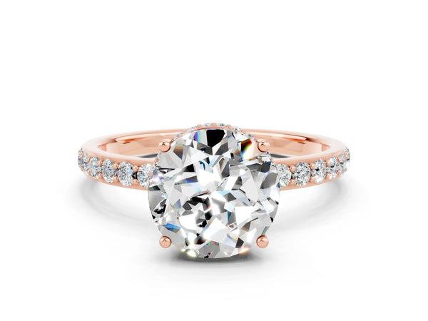 Rose gold Round Cut Moissanite Solitaire Ring with Pavé Band and Hidden Halo