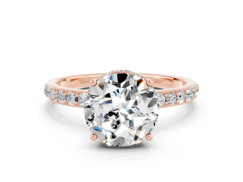Rose gold Round Cut Moissanite Solitaire Ring with Pavé Band and Hidden Halo_12