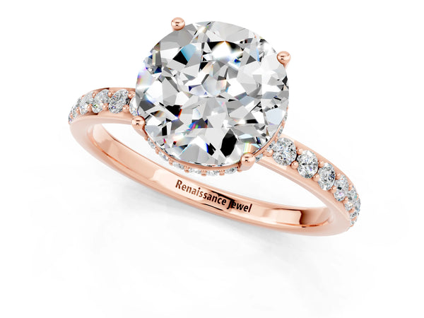Rose gold Round Cut Moissanite Solitaire Ring with Pavé Band and Hidden Halo