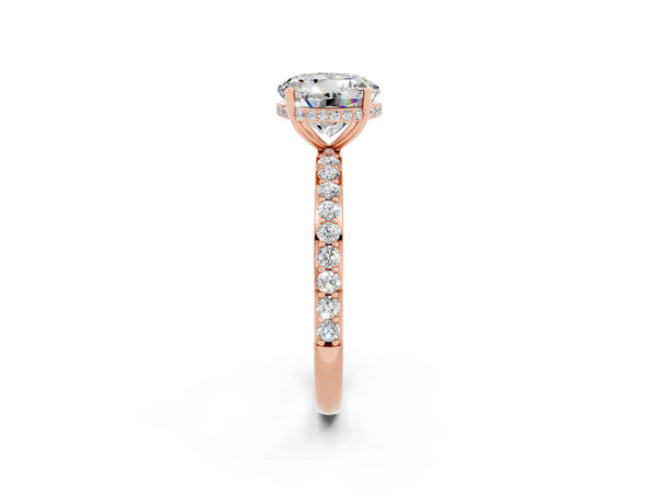 Rose gold Round Cut Moissanite Solitaire Ring with Pavé Band and Hidden Halo