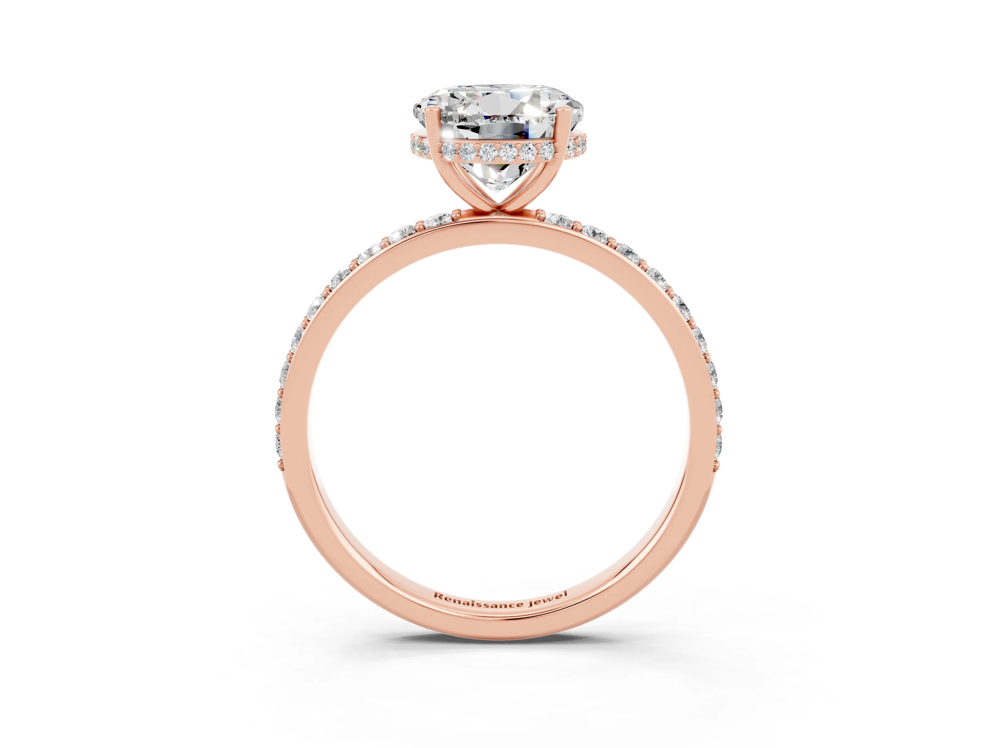 Rose gold Round Cut Moissanite Solitaire Ring with Pavé Band and Hidden Halo_15