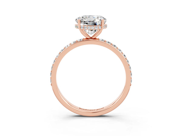 Rose gold Round Cut Moissanite Solitaire Ring with Pavé Band and Hidden Halo