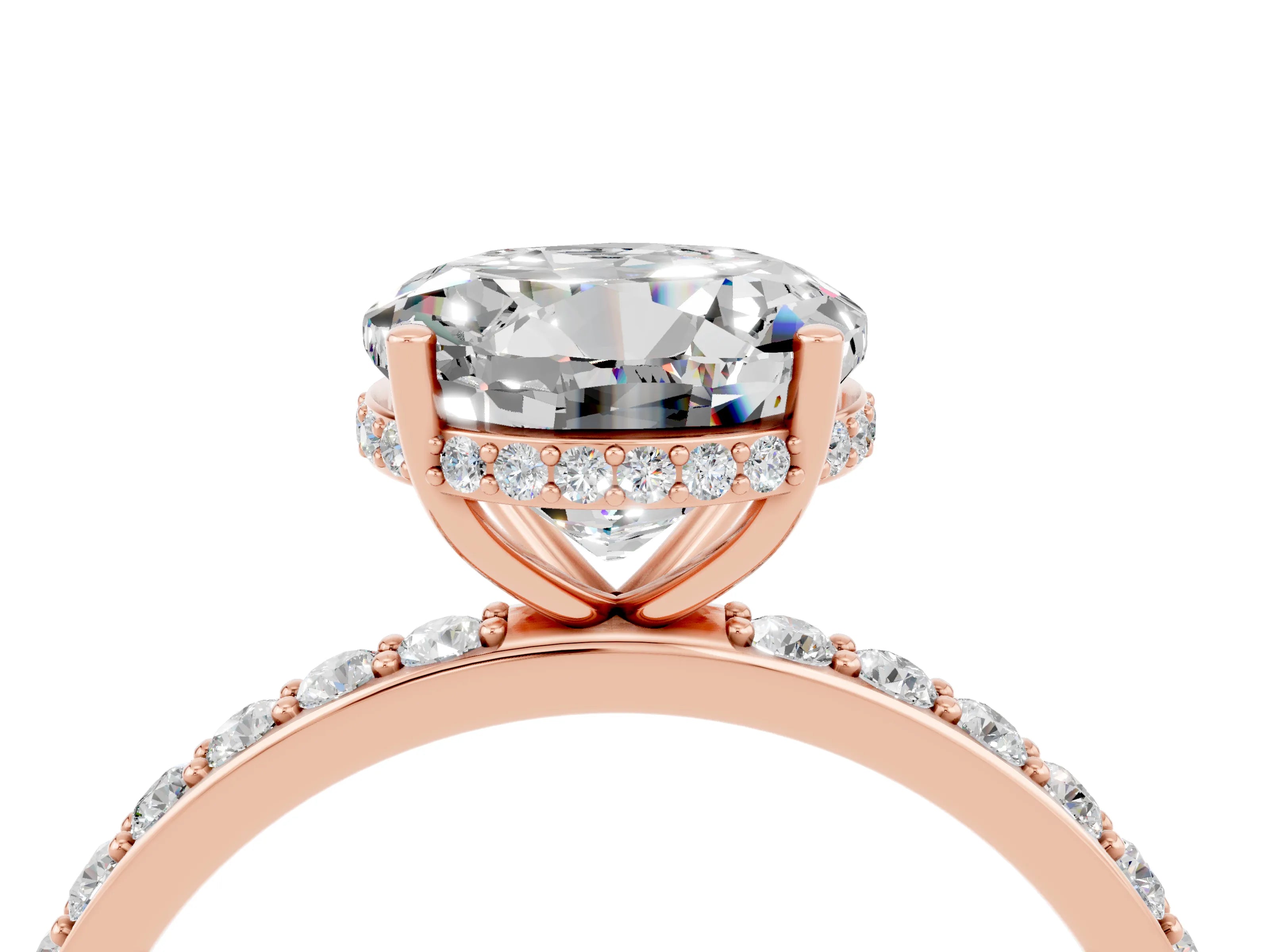 Rose gold Round Cut Moissanite Solitaire Ring with Pavé Band and Hidden Halo_16