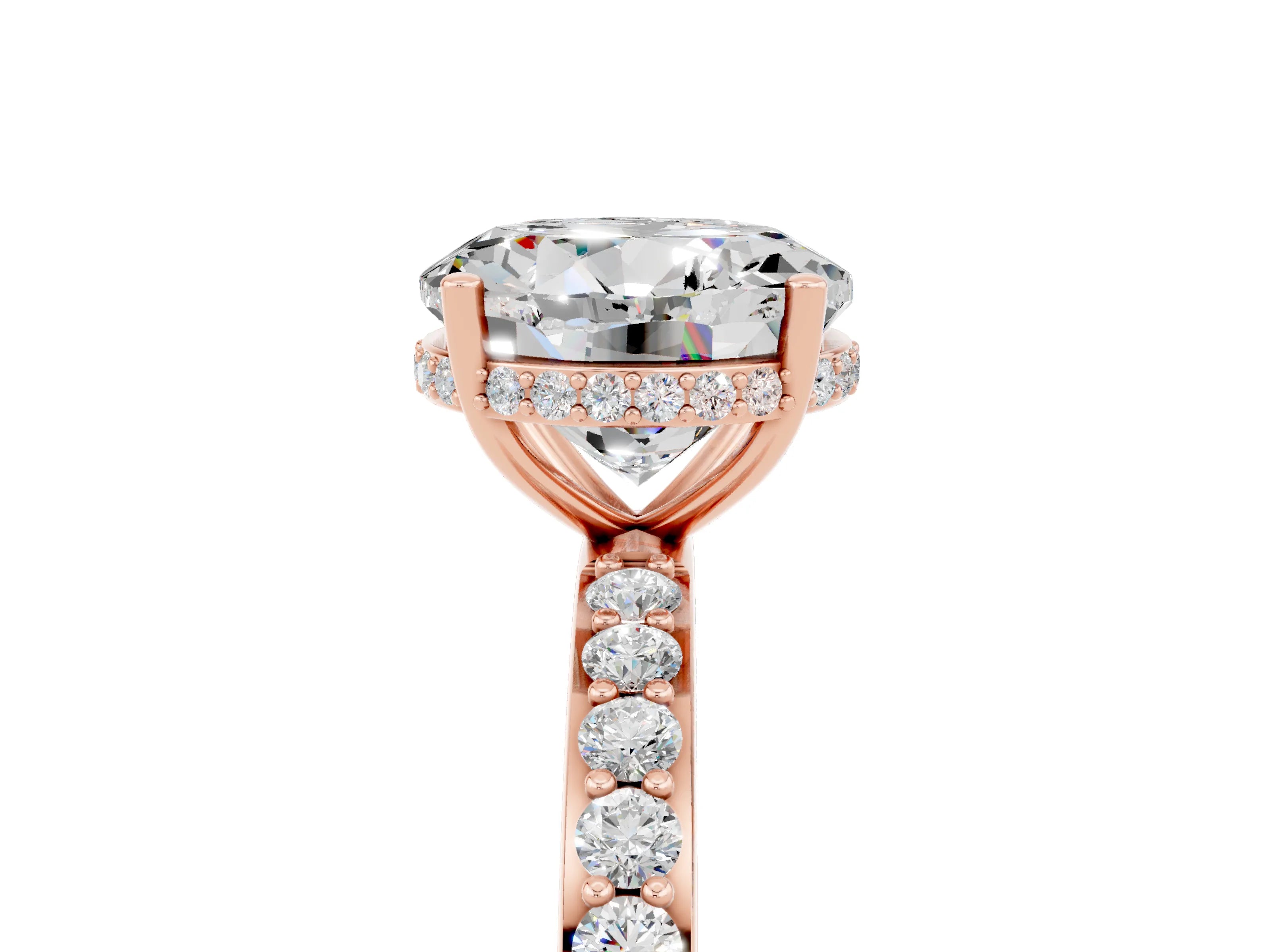 Rose gold Round Cut Moissanite Solitaire Ring with Pavé Band and Hidden Halo_17
