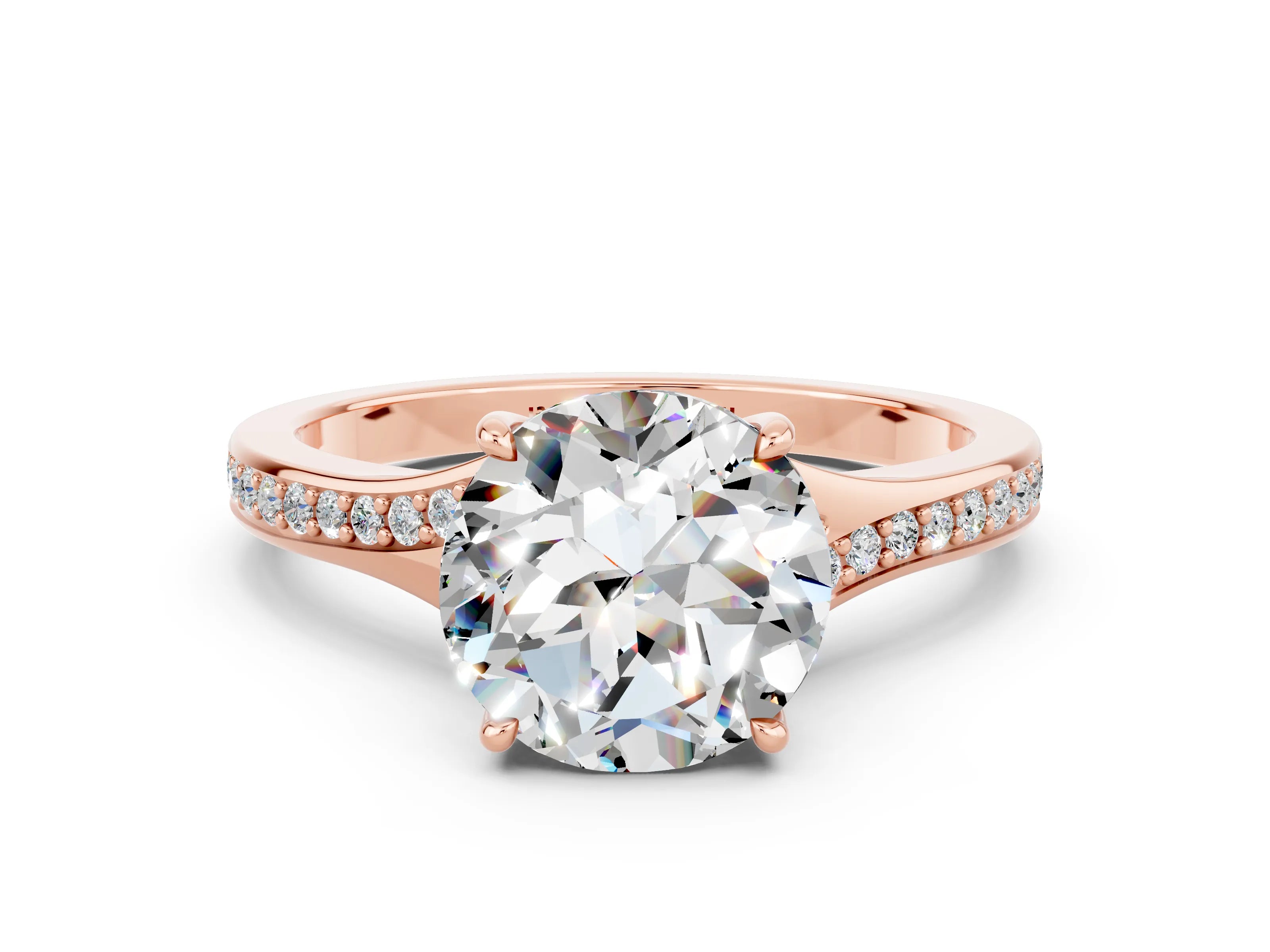 Rose gold Round Cut Moissanite Solitaire Ring with Pavé Band and Prong Setting_12