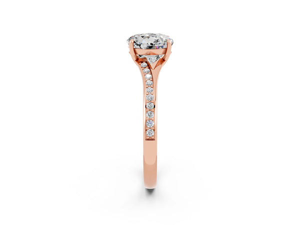 Rose gold Round Cut Moissanite Solitaire Ring with Pavé Band and Prong Setting