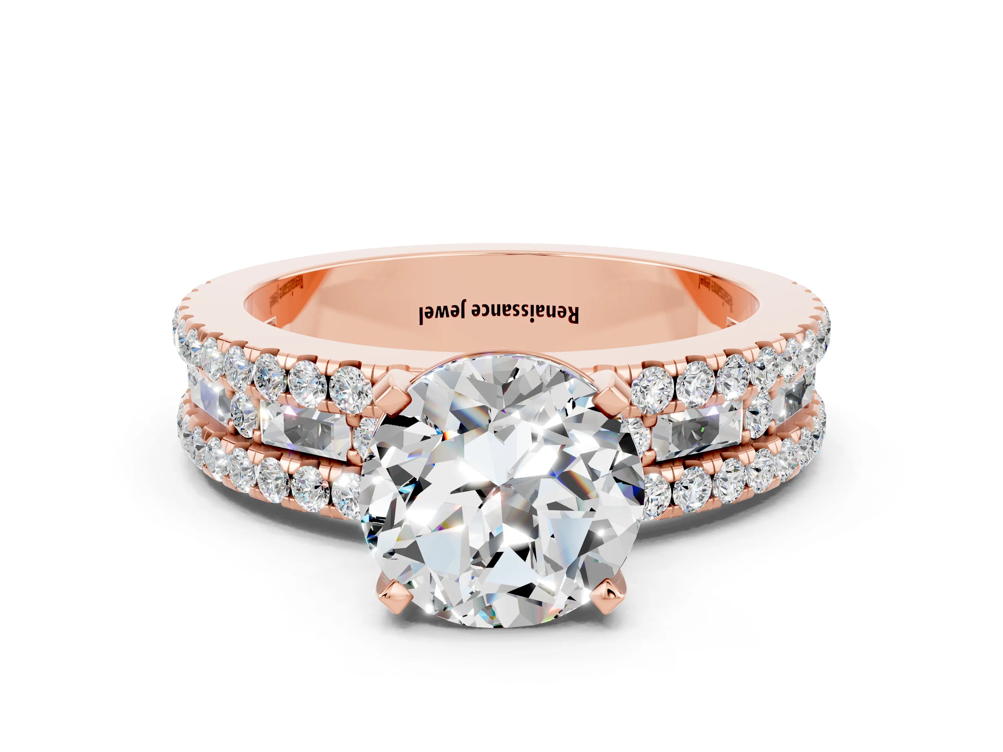 Rose gold Round Cut Moissanite Solitaire Ring with Pavé and Channel Set Band_24