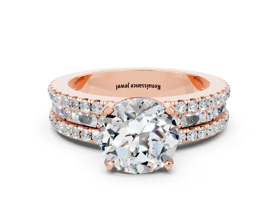 Rose gold Round Cut Moissanite Solitaire Ring with Pavé and Channel Set Band_24