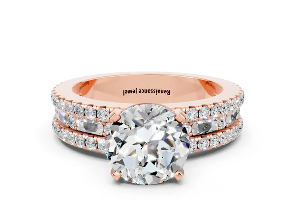 Rose gold Round Cut Moissanite Solitaire Ring with Pavé and Channel Set Band