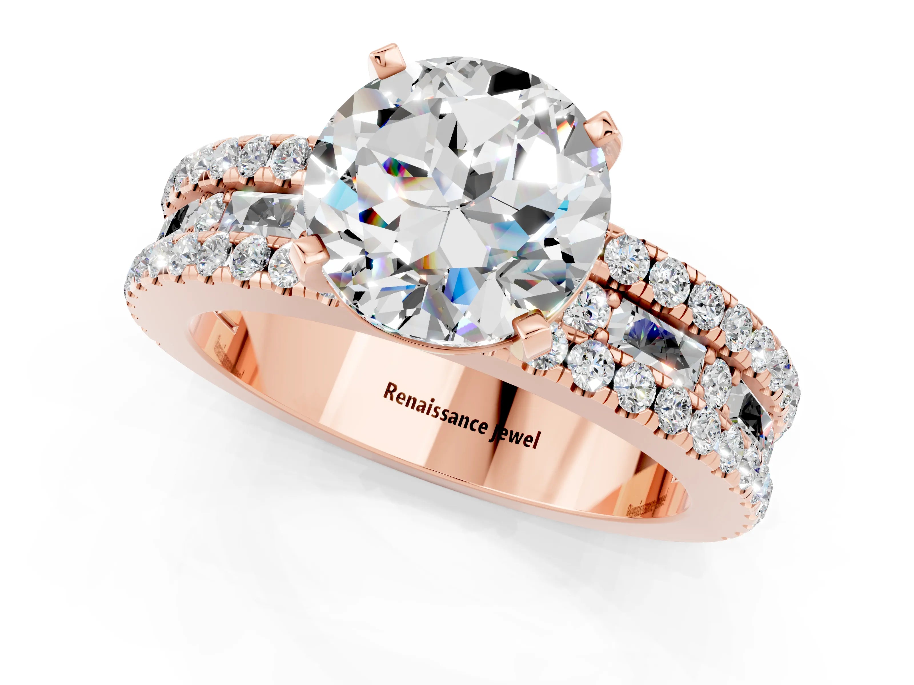 Rose gold Round Cut Moissanite Solitaire Ring with Pavé and Channel Set Band_25