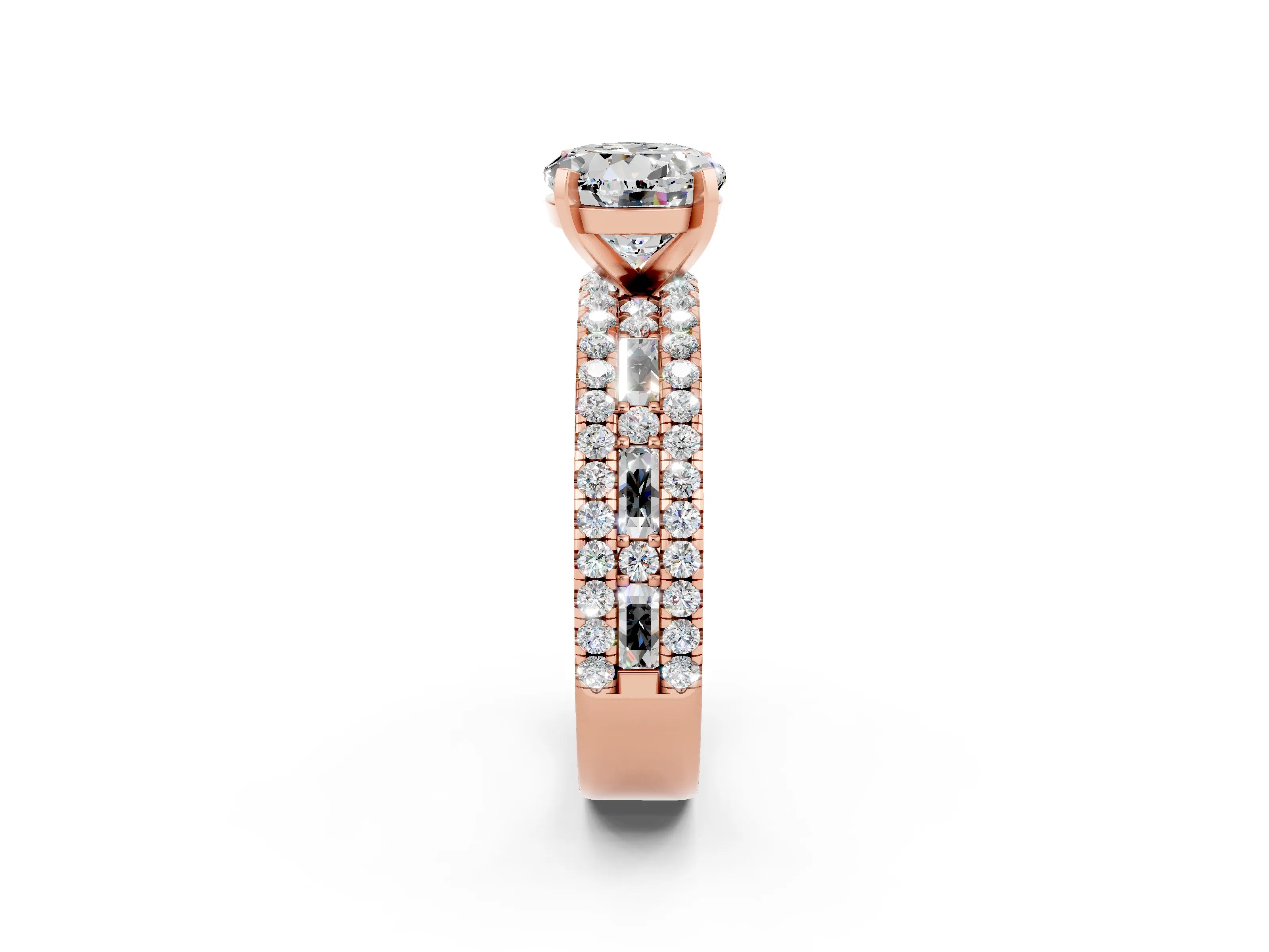 Rose gold Round Cut Moissanite Solitaire Ring with Pavé and Channel Set Band_26