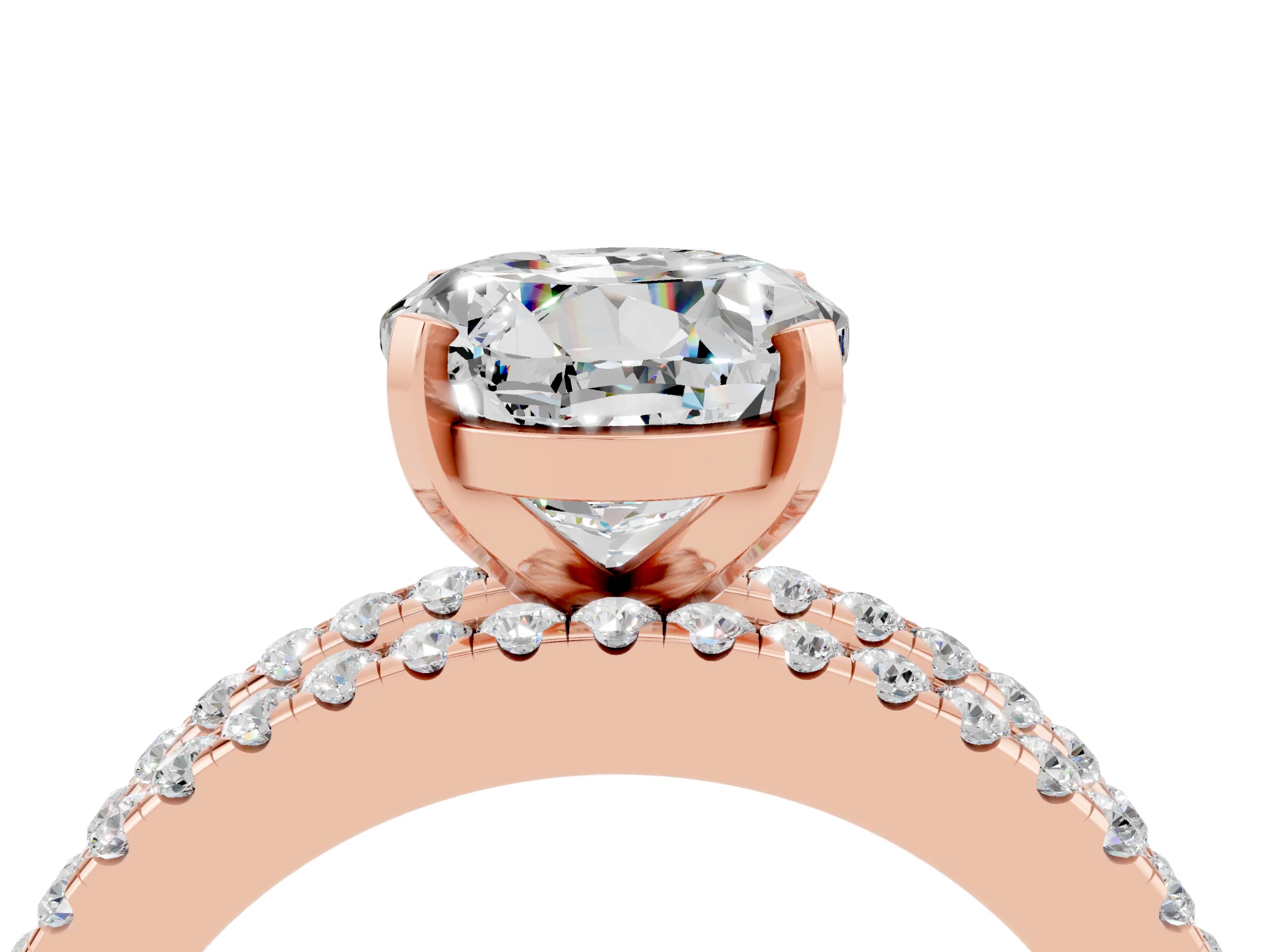 Rose gold Round Cut Moissanite Solitaire Ring with Pavé and Channel Set Band_28