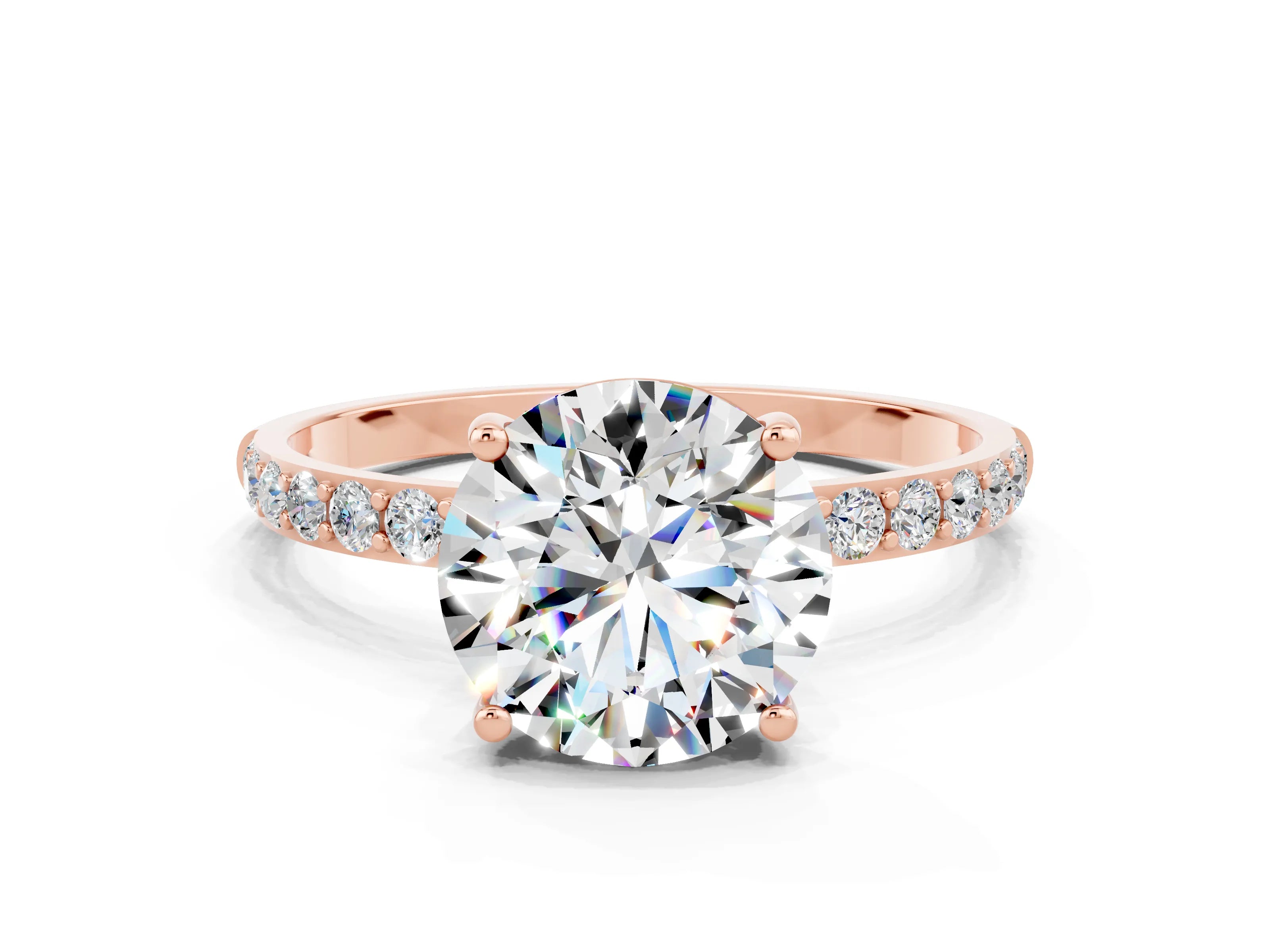 Rose gold Round Cut Moissanite Solitaire Ring with Pave Band and Four Prong Setting_12