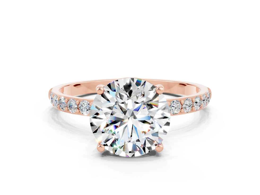 Rose gold Round Cut Moissanite Solitaire Ring with Pave Band and Four Prong Setting_12