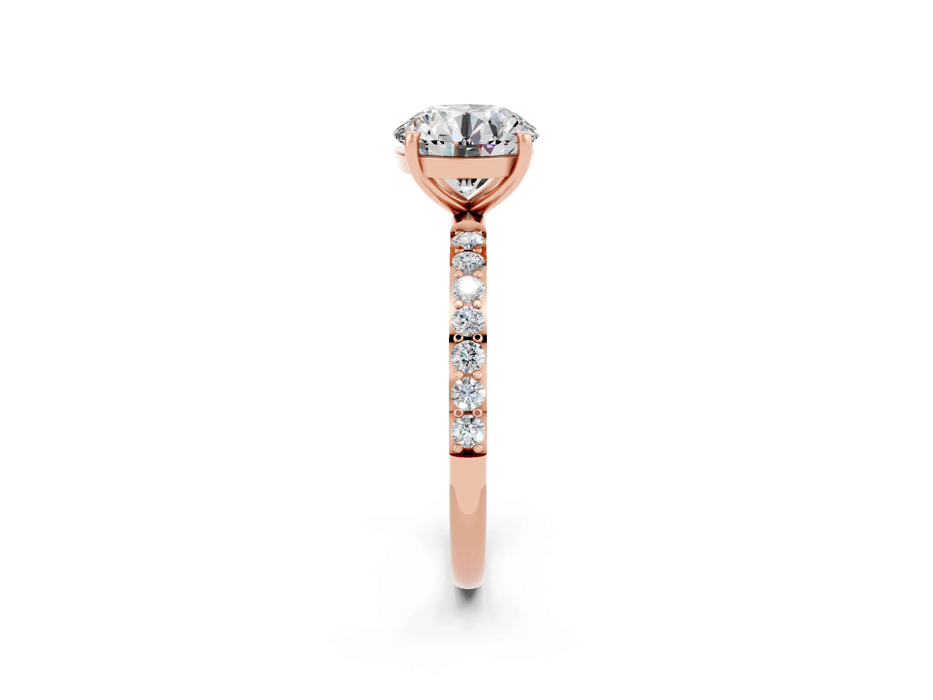 Rose gold Round Cut Moissanite Solitaire Ring with Pave Band and Four Prong Setting_14