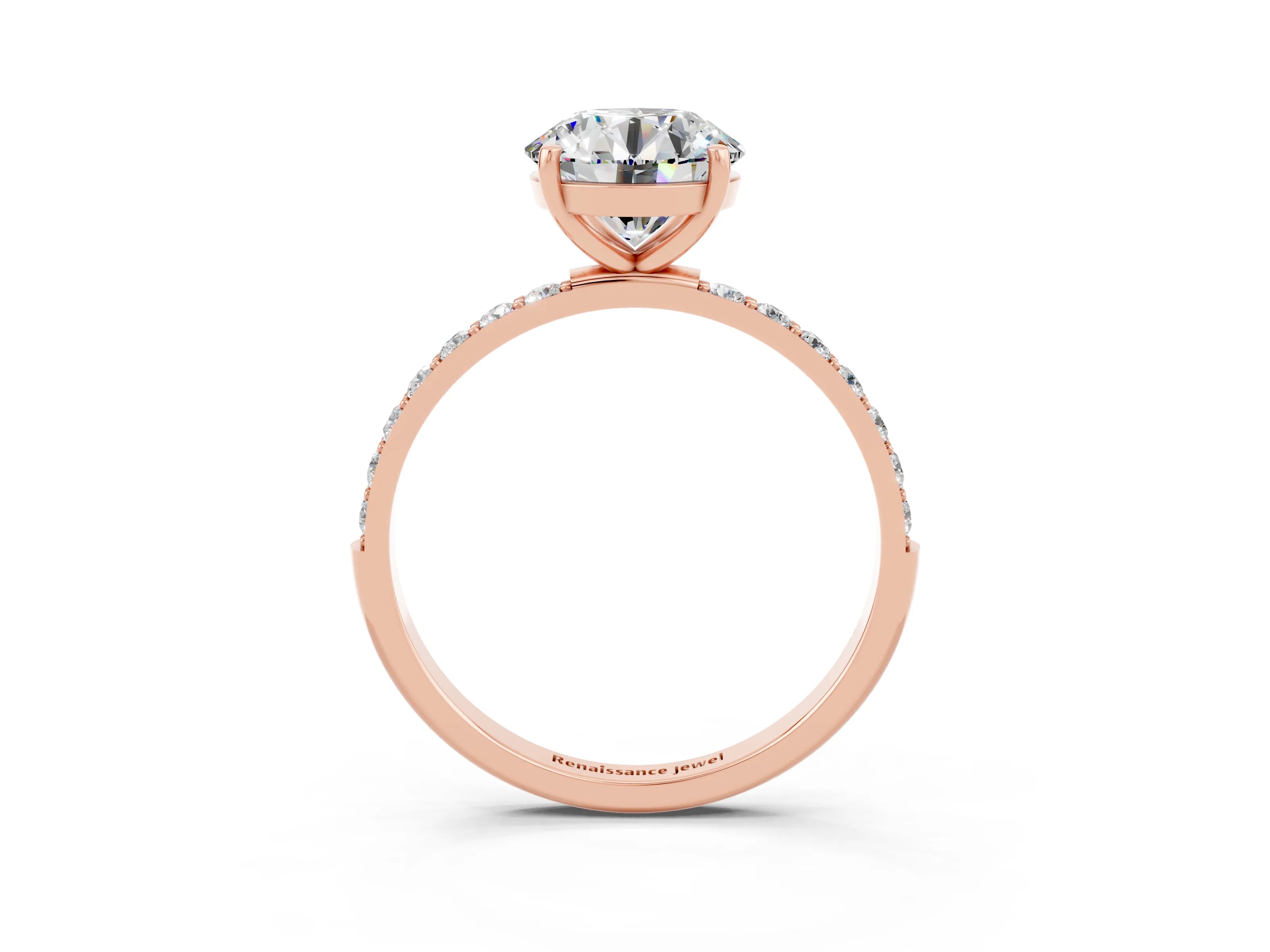 Rose gold Round Cut Moissanite Solitaire Ring with Pave Band and Four Prong Setting_15
