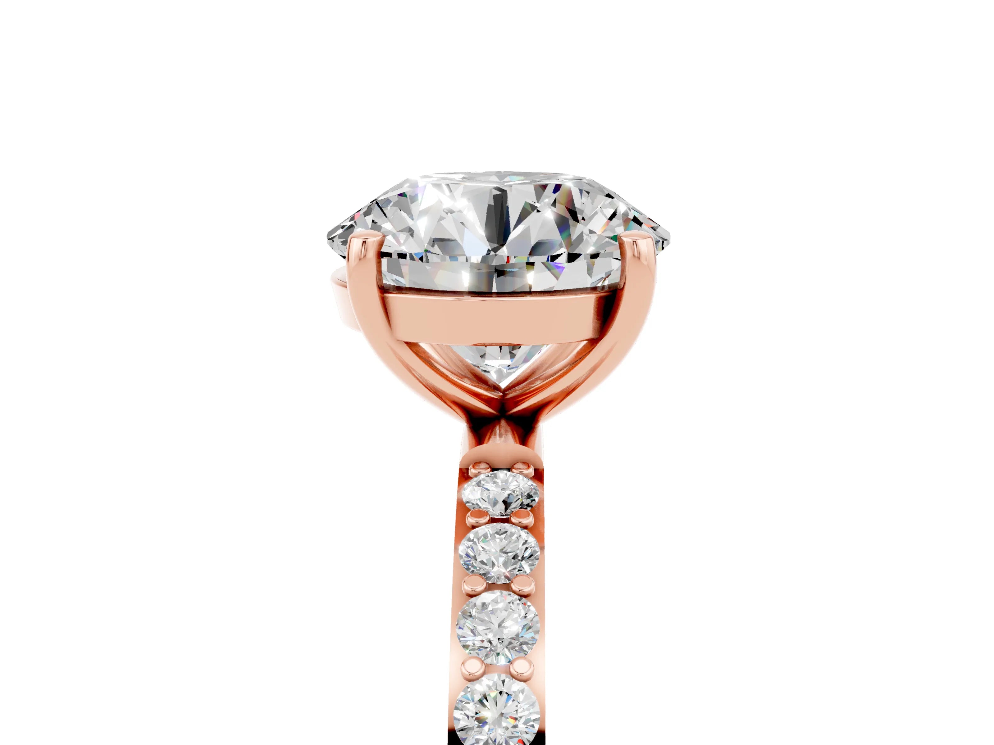 Rose gold Round Cut Moissanite Solitaire Ring with Pave Band and Four Prong Setting_17
