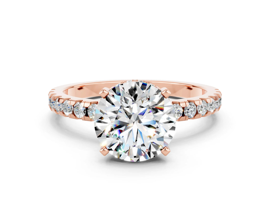 Rose gold Round Cut Moissanite Solitaire Ring with Round  Pavé Band and Four-Prong Setting_36