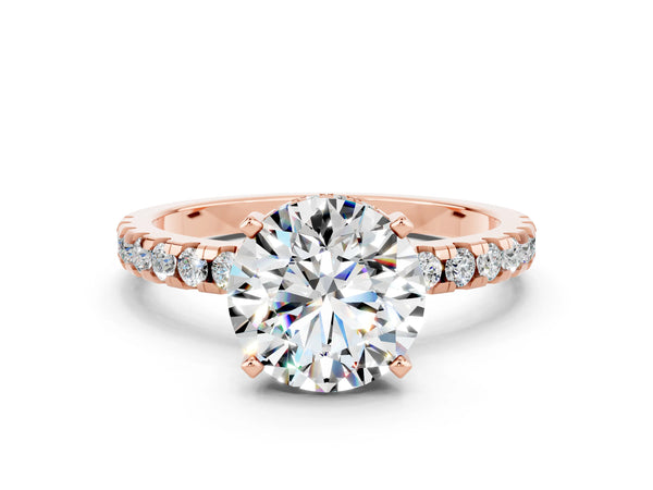 Rose gold Round Cut Moissanite Solitaire Ring with Round Pavé Band and Four-Prong Setting