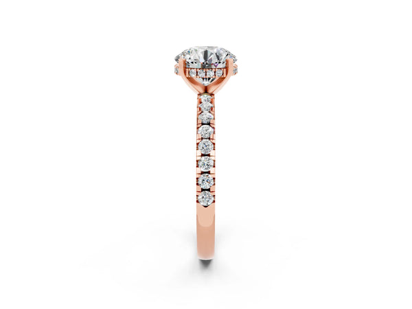 Rose gold Round Cut Moissanite Solitaire Ring with Round Pavé Band and Four-Prong Setting