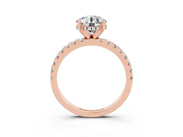 Rose gold Round Cut Moissanite Solitaire Ring with Round Pavé Band and Four-Prong Setting