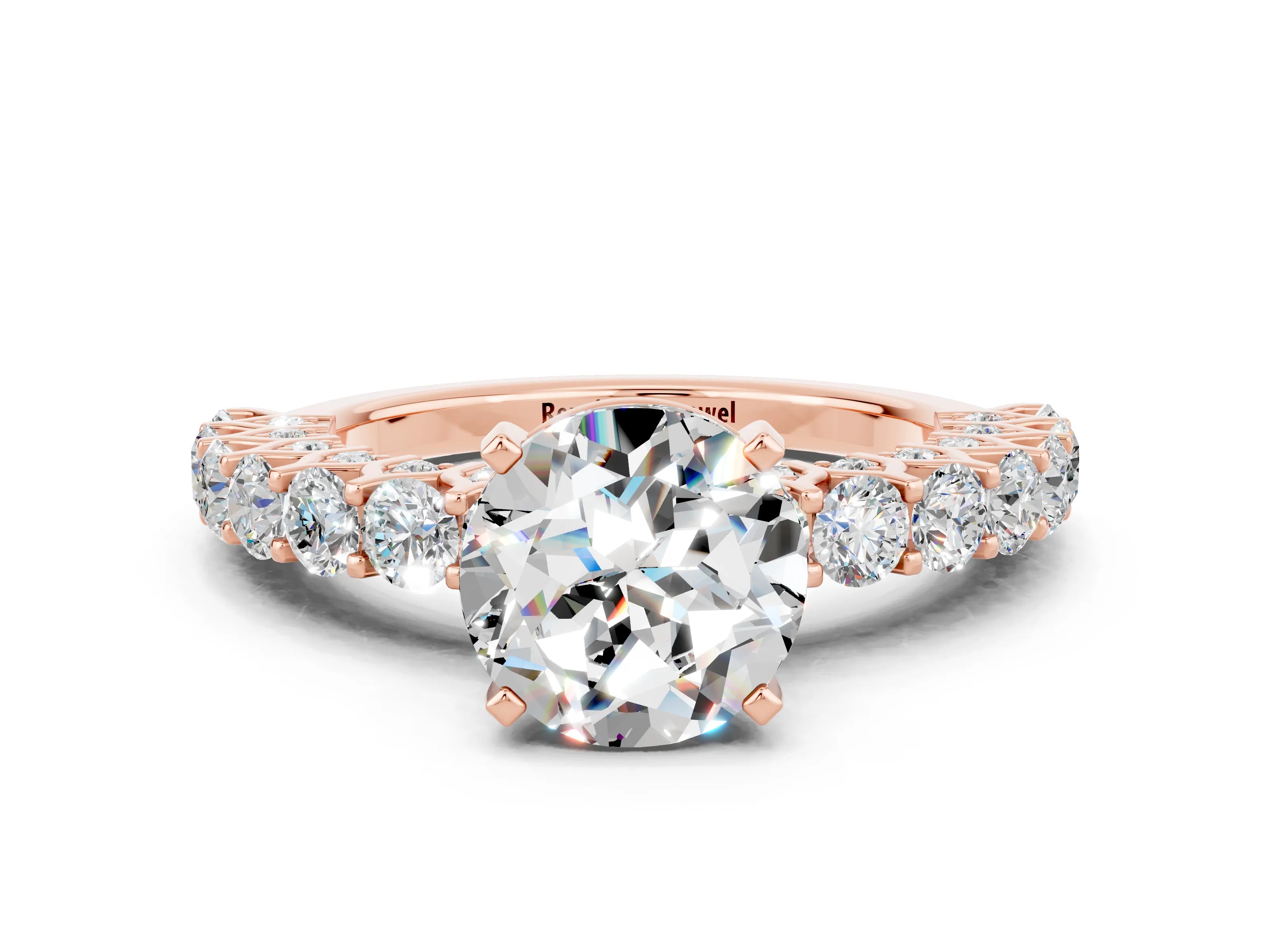 Rose gold Round Cut Moissanite Solitaire Ring with Shared Prong Pavé Band and Four-Prong Setting