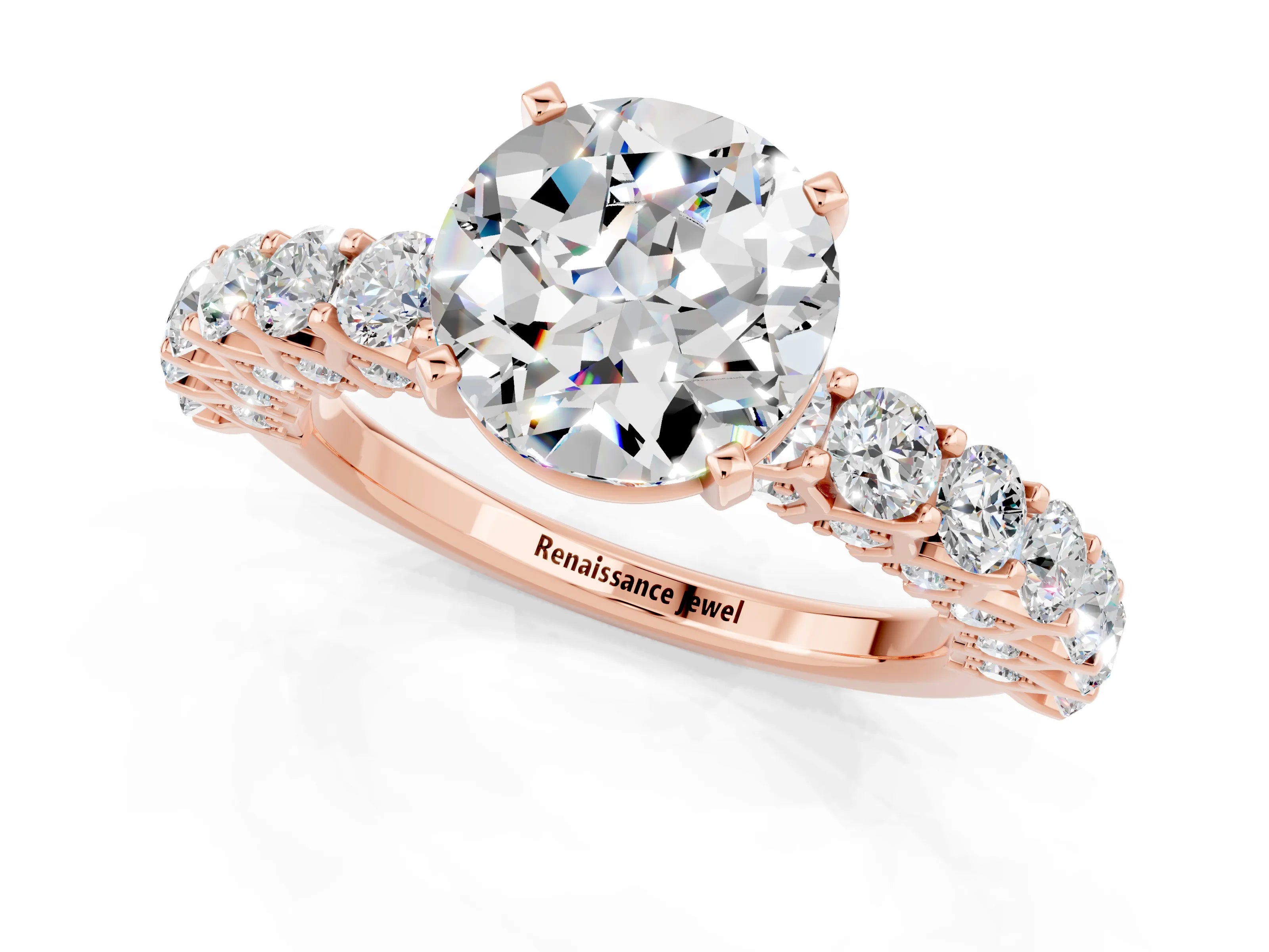 Rose gold Round Cut Moissanite Solitaire Ring with Shared Prong Pavé Band and Four-Prong Setting_1