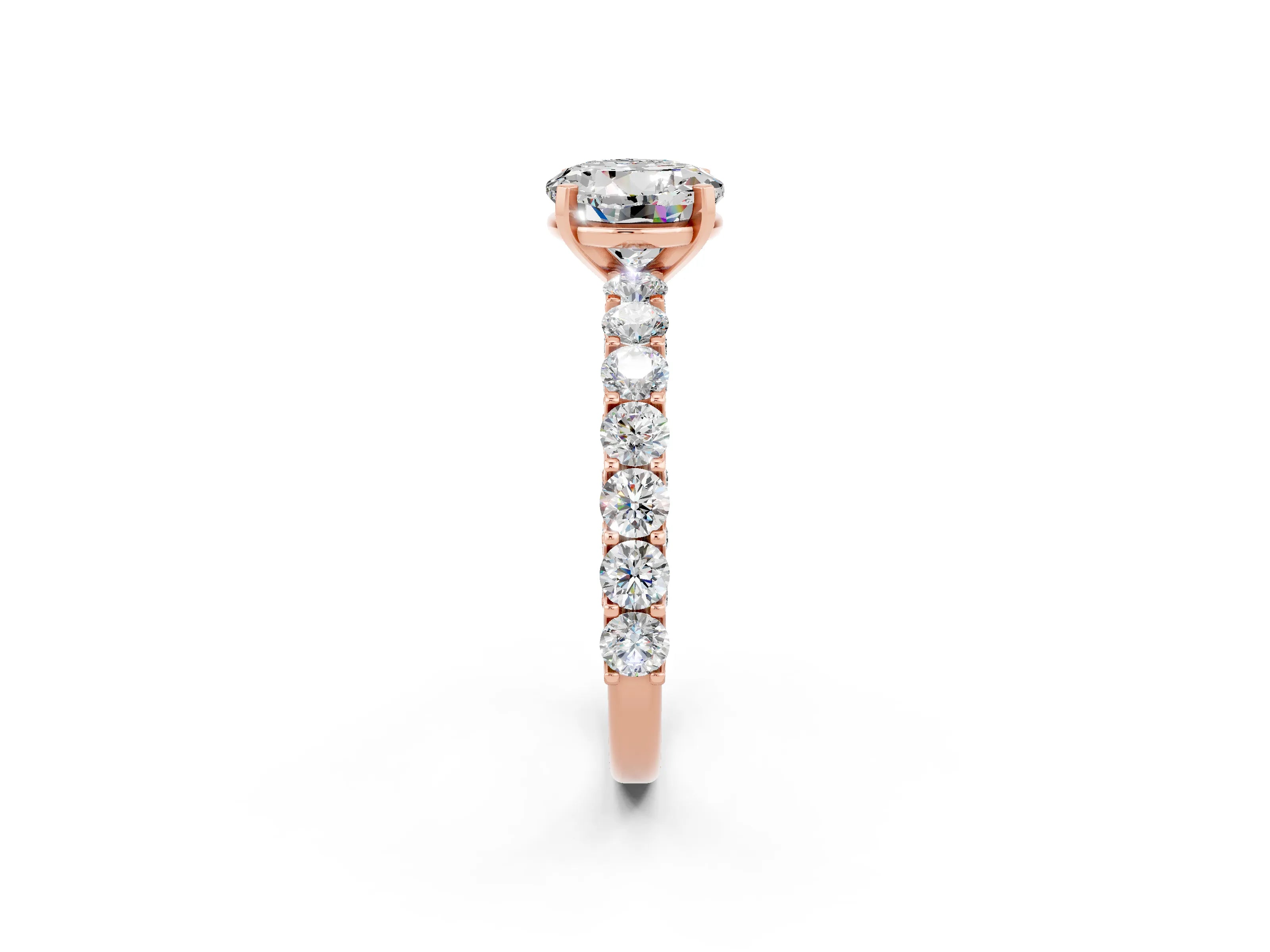 Rose gold Round Cut Moissanite Solitaire Ring with Shared Prong Pavé Band and Four-Prong Setting_2