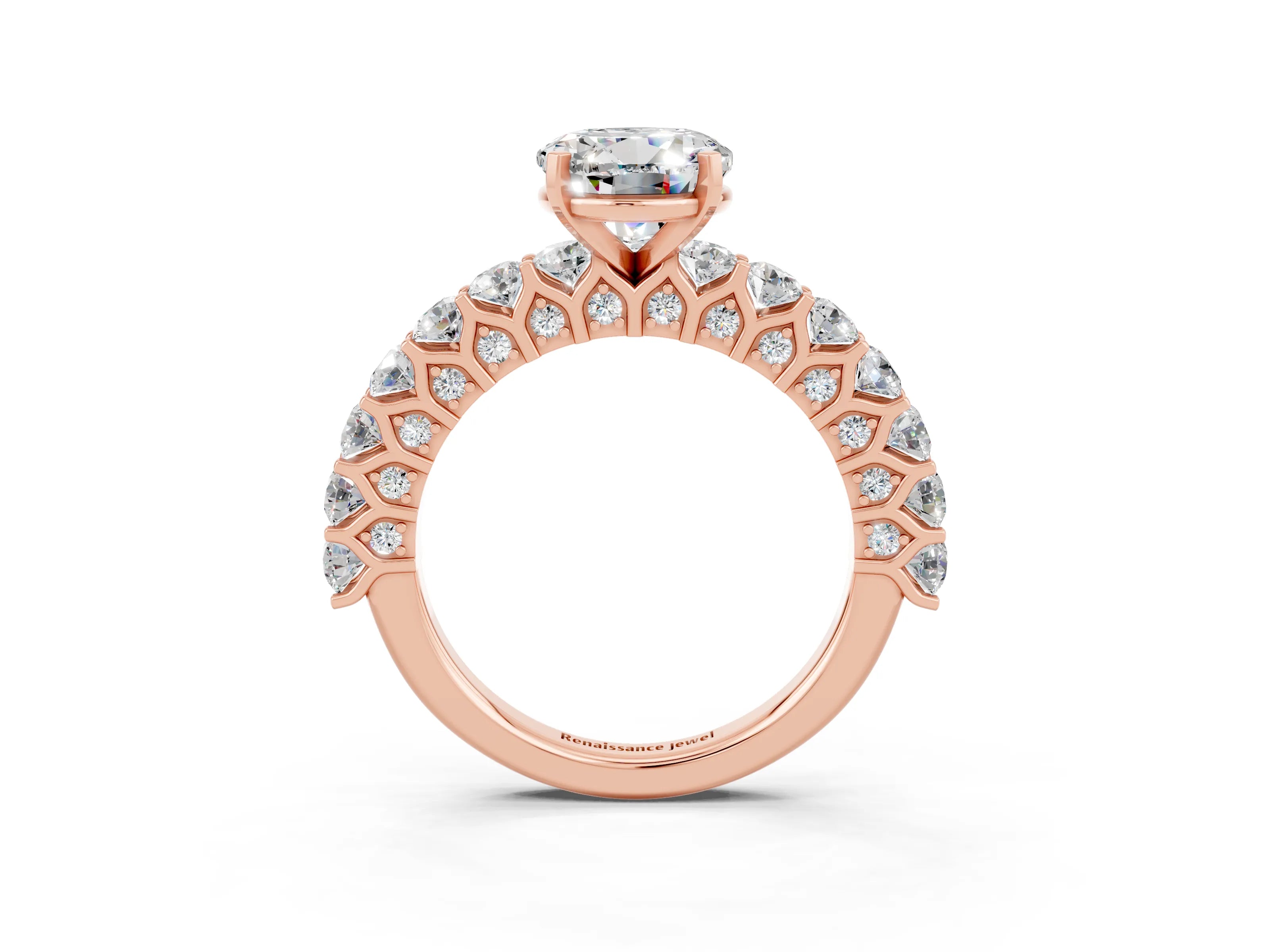 Rose gold Round Cut Moissanite Solitaire Ring with Shared Prong Pavé Band and Four-Prong Setting_3