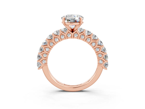 Rose gold Round Cut Moissanite Solitaire Ring with Shared Prong Pavé Band and Four-Prong Setting