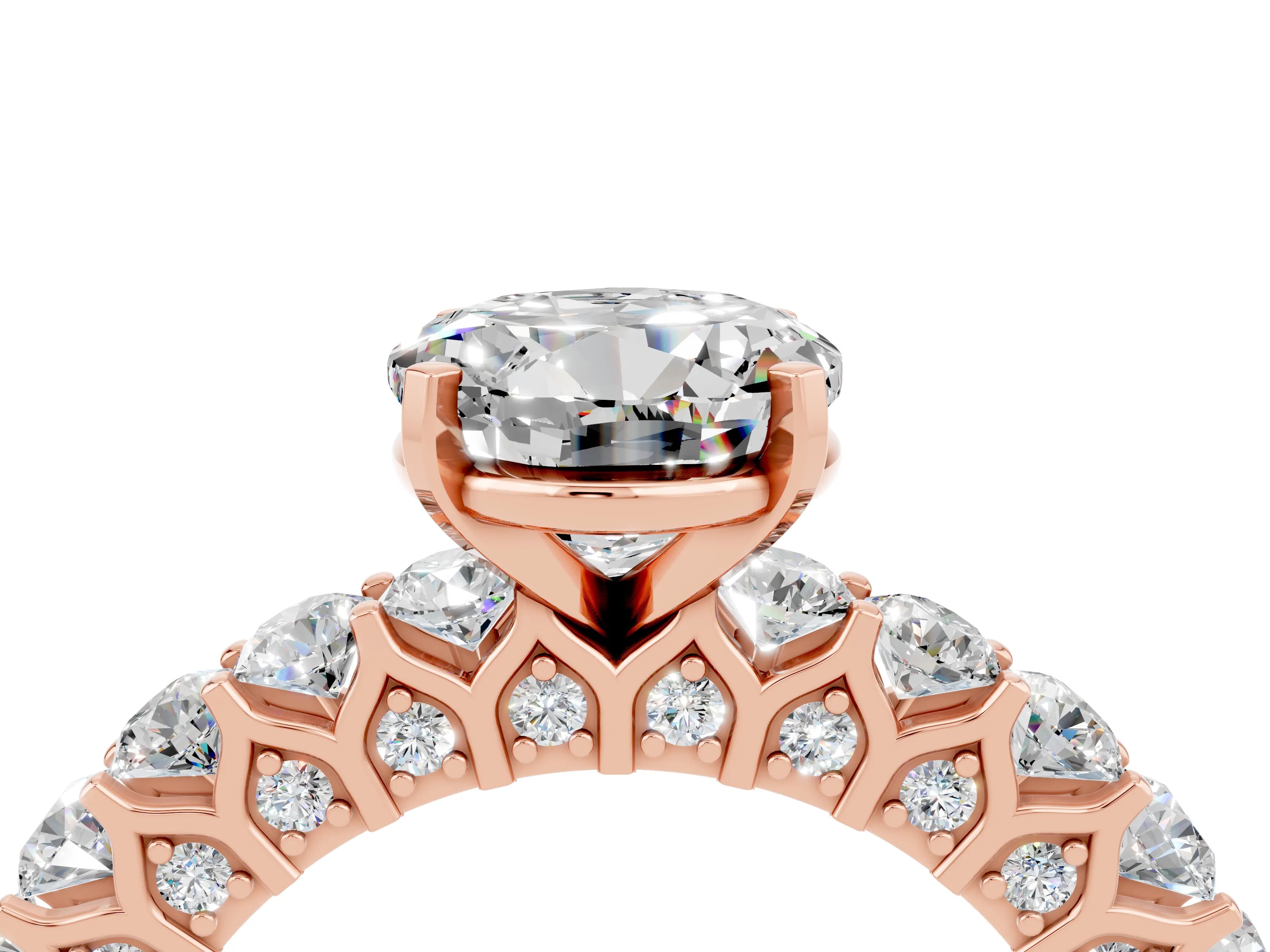 Rose gold Round Cut Moissanite Solitaire Ring with Shared Prong Pavé Band and Four-Prong Setting_4