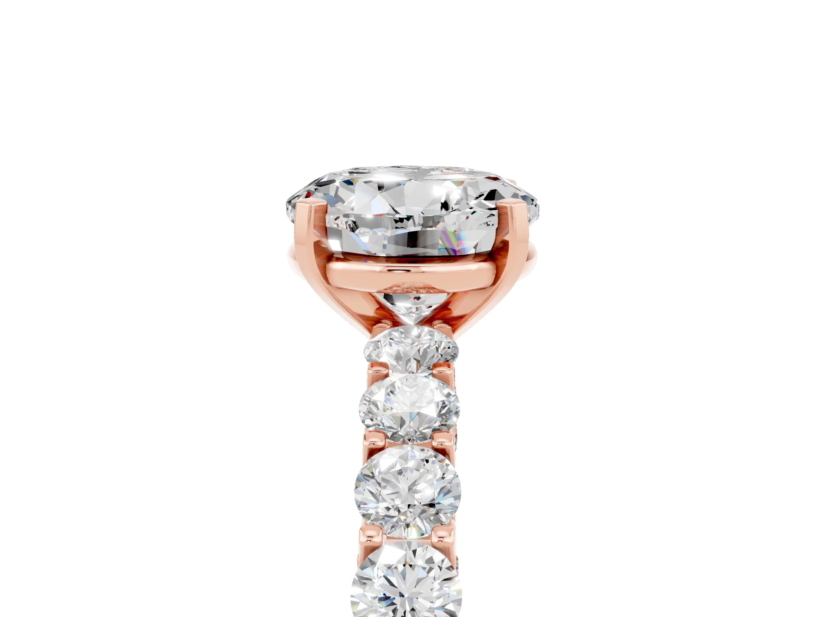 Rose gold Round Cut Moissanite Solitaire Ring with Shared Prong Pavé Band and Four-Prong Setting_5
